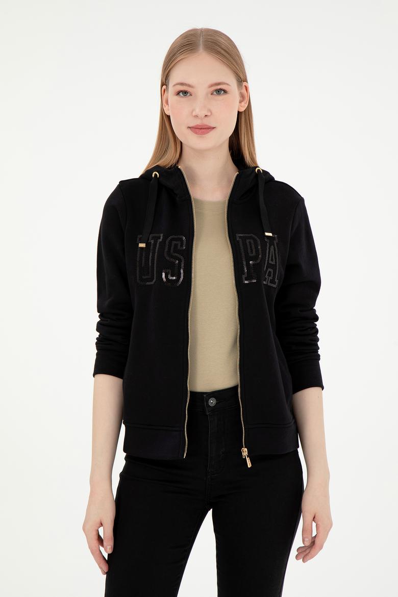 Kadın Siyah Kapüşonlu Fermuarlı Sweatshirt - 50300886023