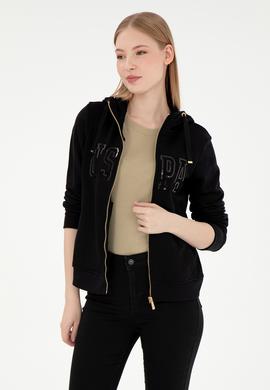 Kadın Siyah Kapüşonlu Fermuarlı Sweatshirt - 50300886023