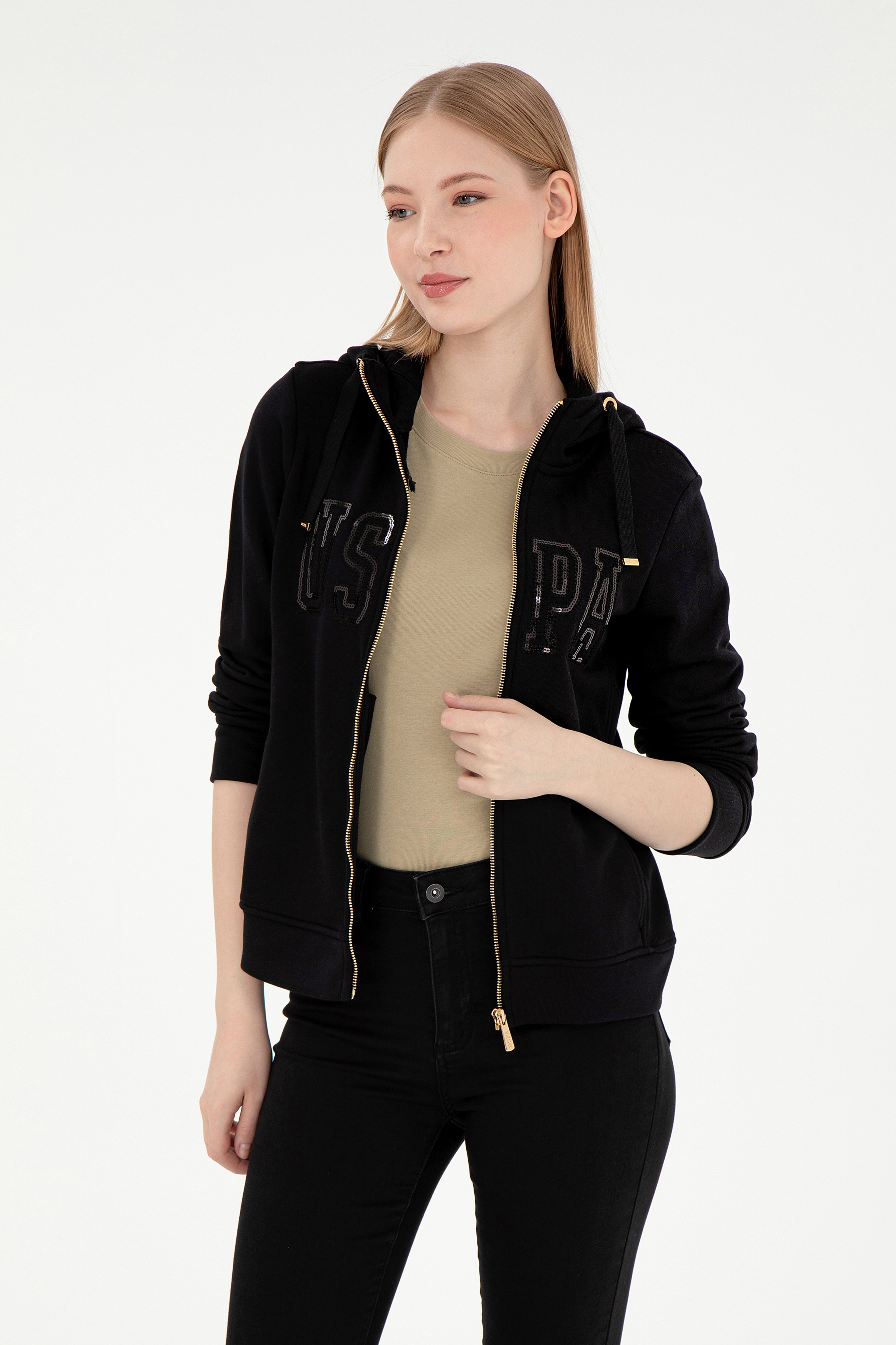 Kadın Siyah Kapüşonlu Fermuarlı Sweatshirt - Image 1