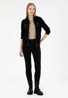 Kadın Siyah Kapüşonlu Fermuarlı Sweatshirt - 50300886023