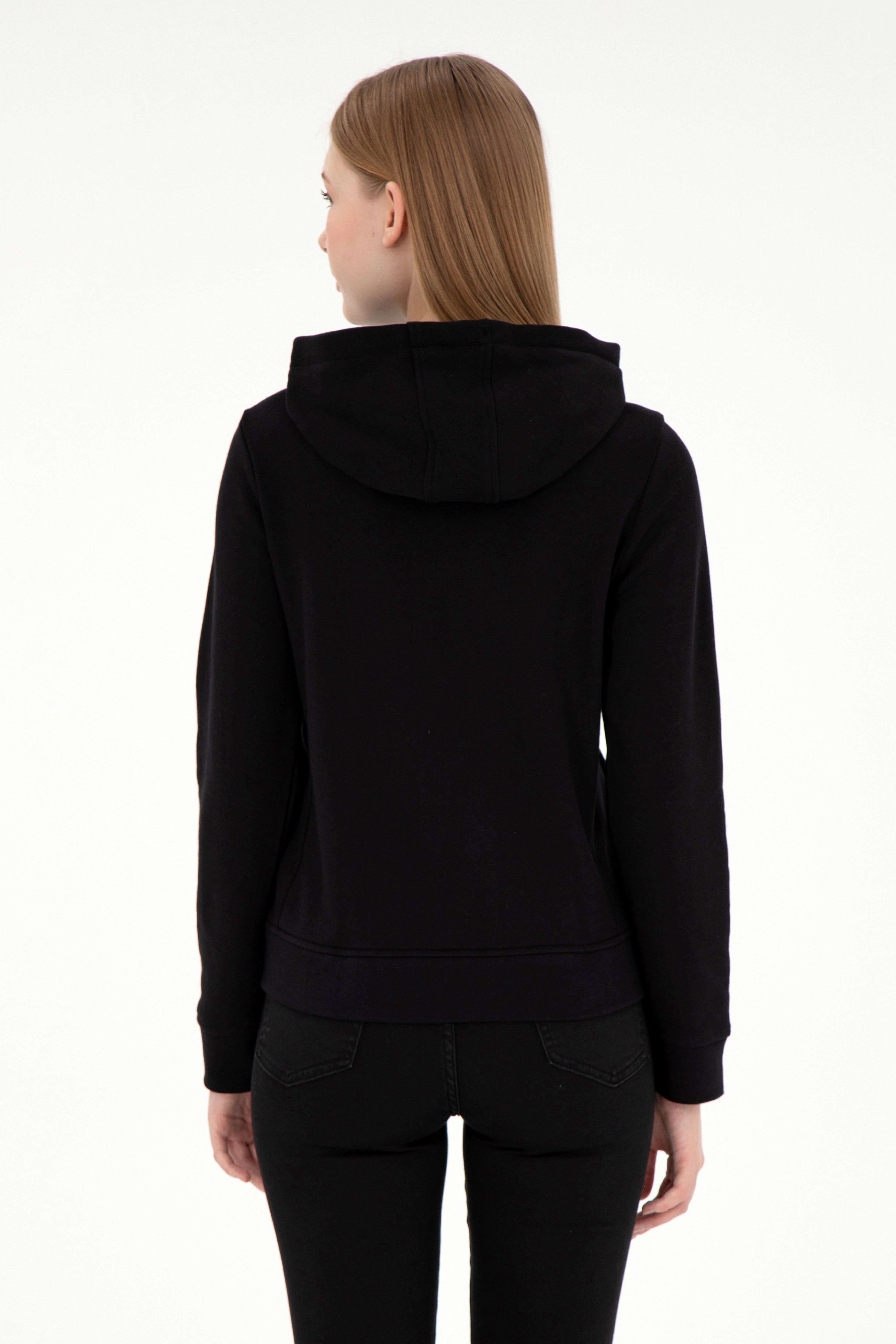 Kadın Siyah Kapüşonlu Fermuarlı Sweatshirt