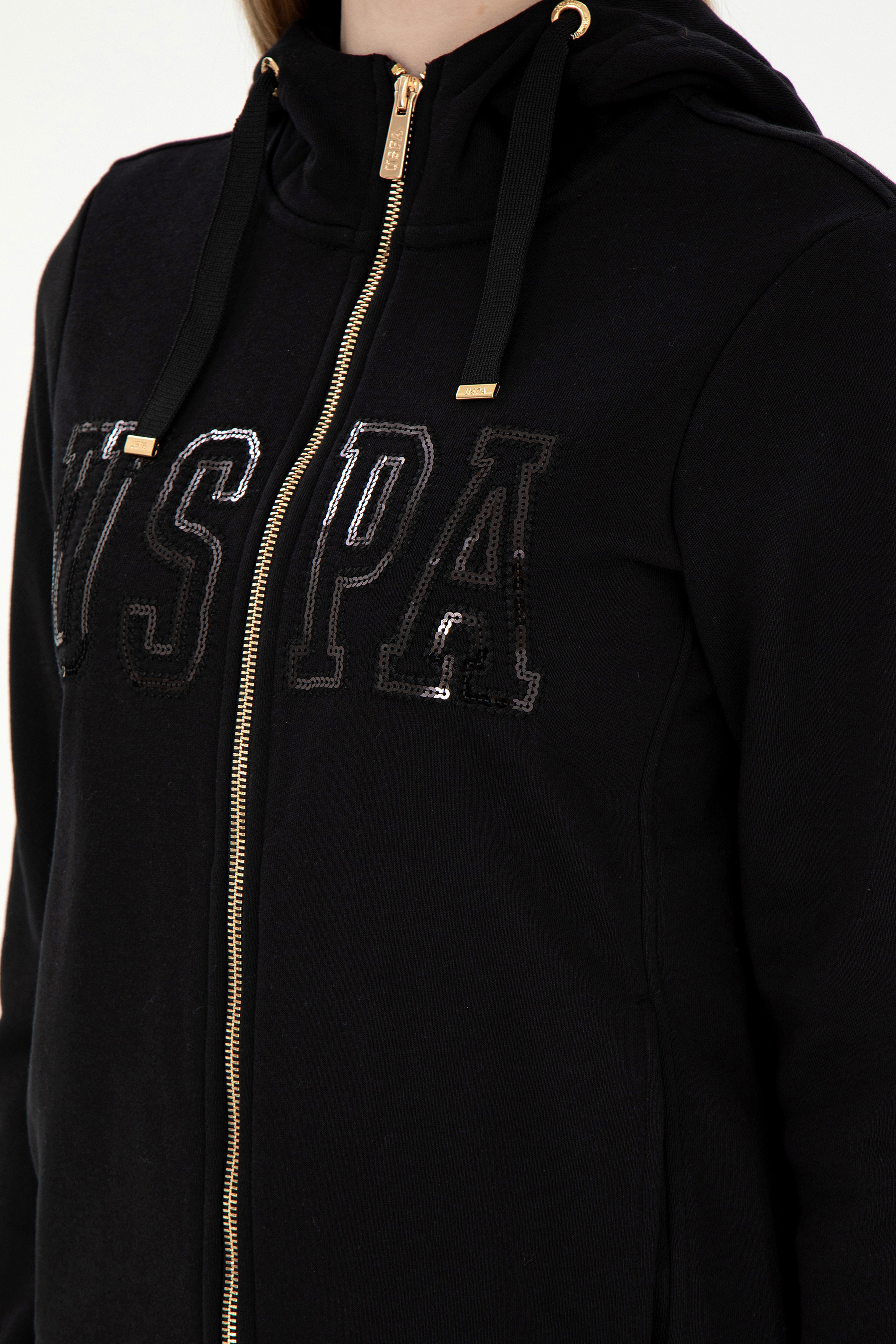 Kadın Siyah Kapüşonlu Fermuarlı Sweatshirt