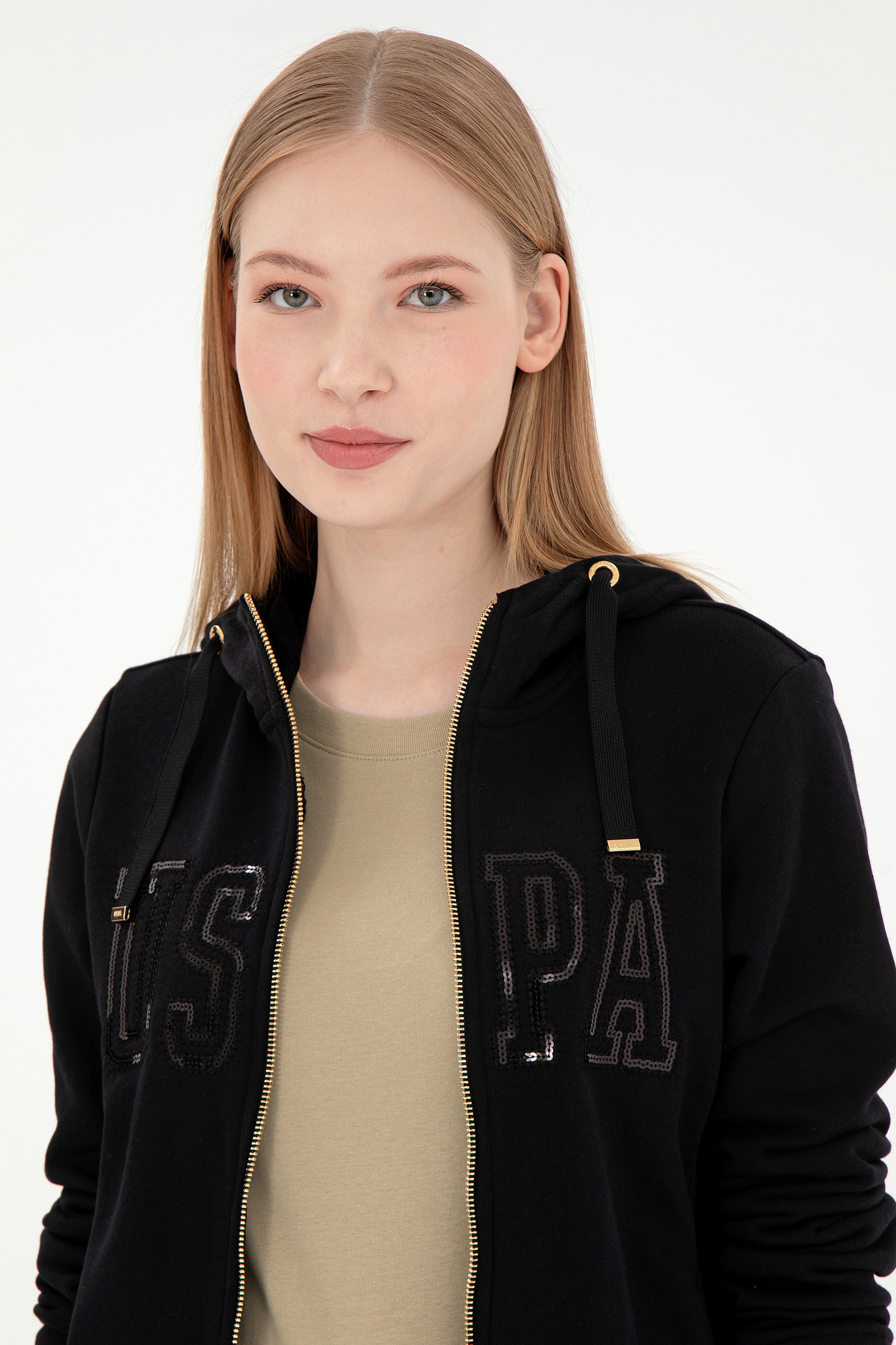Kadın Siyah Kapüşonlu Fermuarlı Sweatshirt - Image 2
