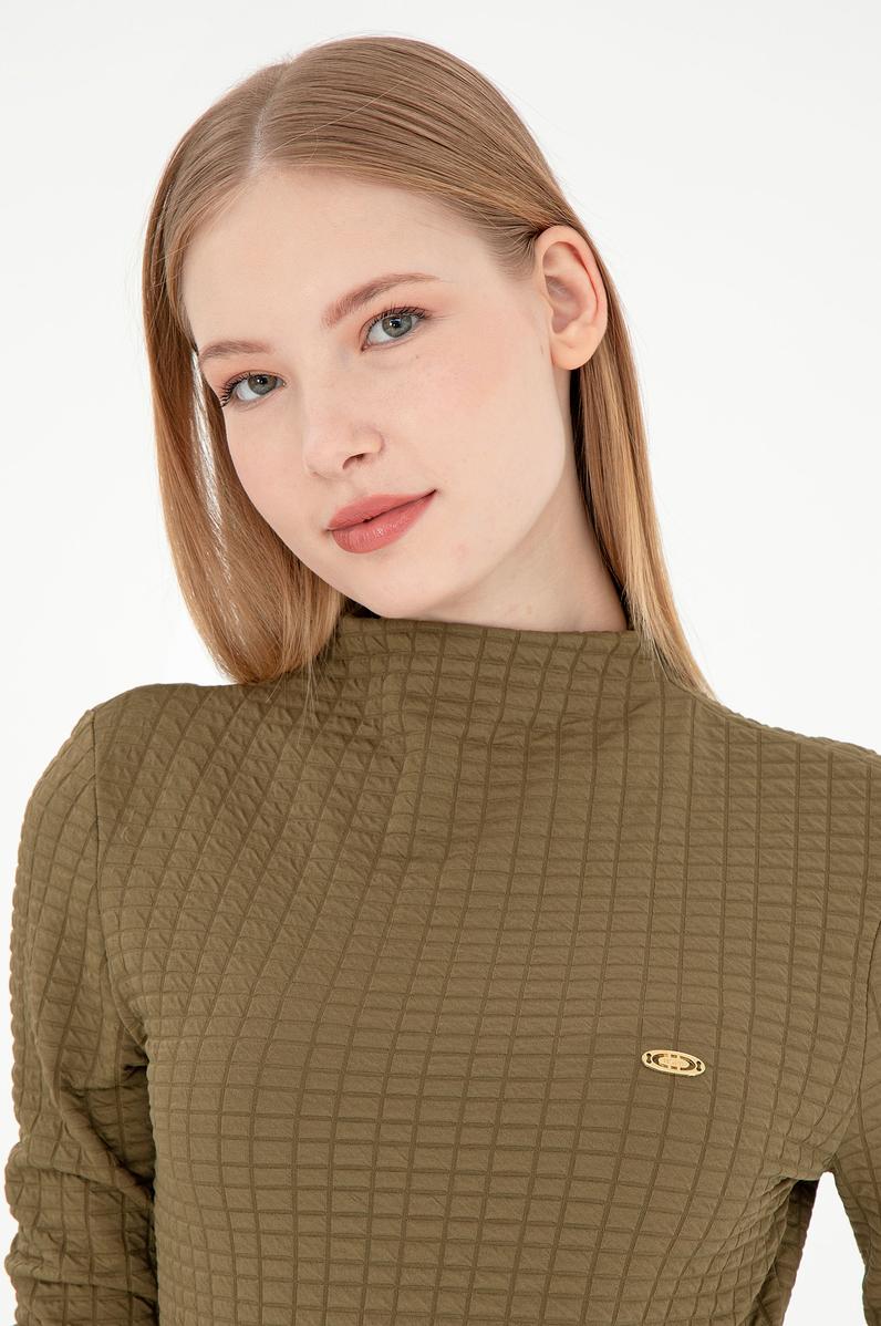 Kadın Haki Dik Yaka Sweatshırt