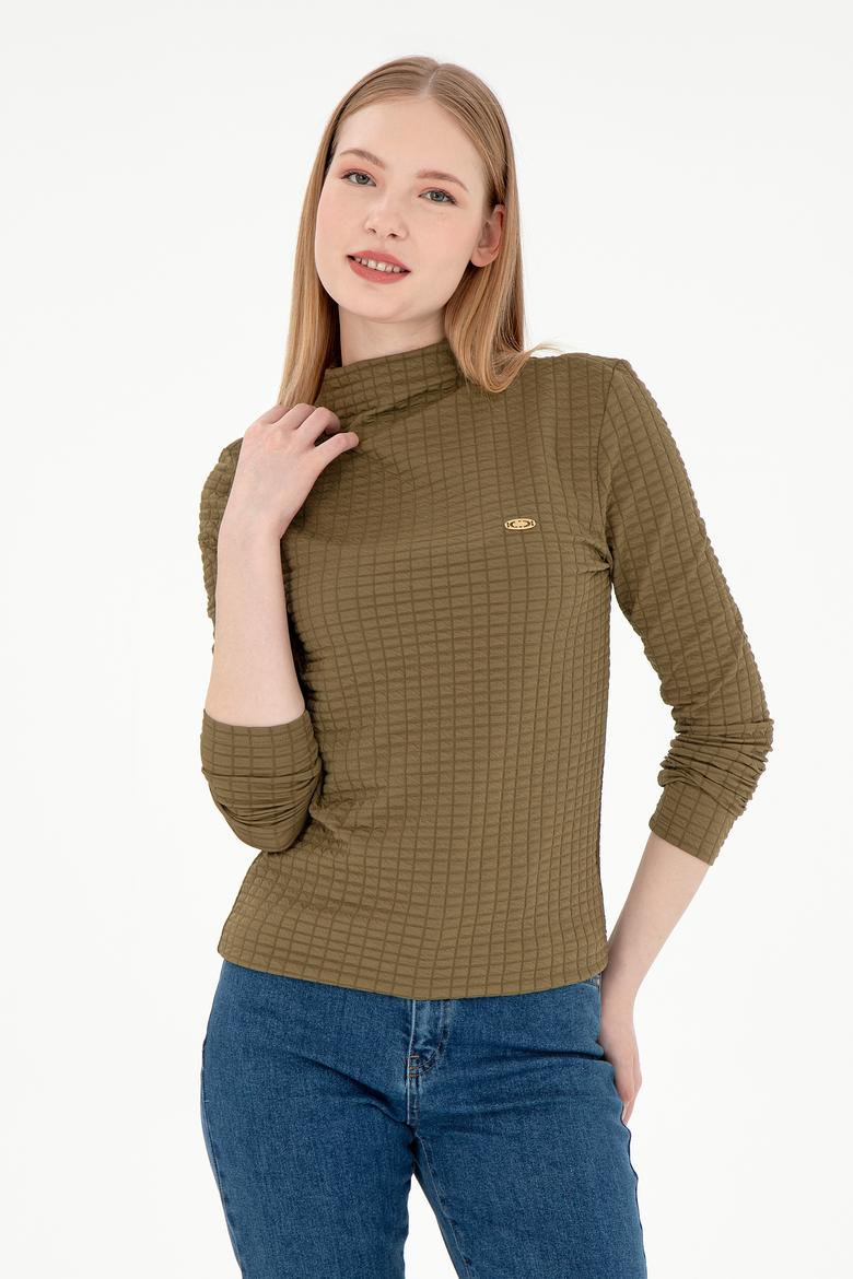 Kadın Haki Dik Yaka Sweatshırt