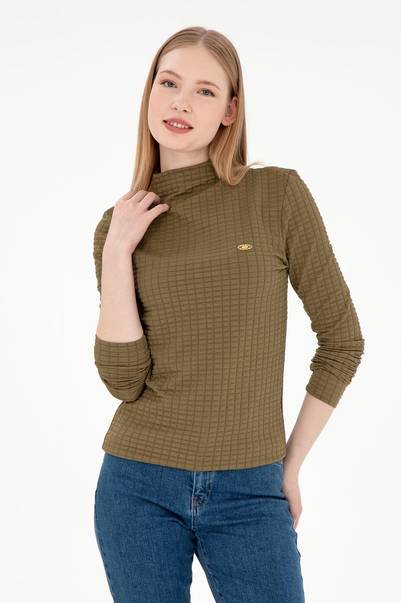 Kadın Haki Dik Yaka Sweatshırt