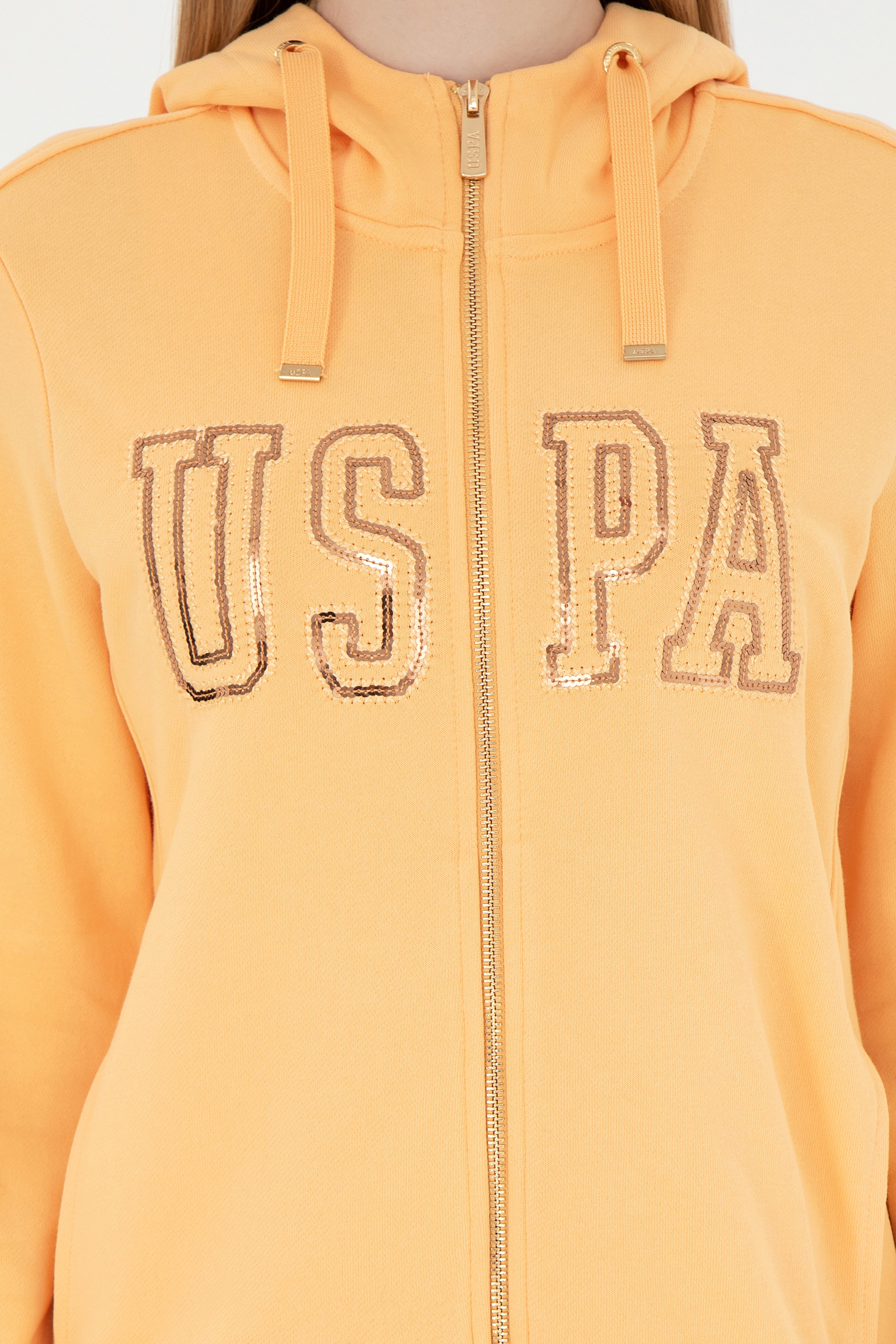 Kadın Turuncu Kapüşonlu Fermuarlı Sweatshirt - Image 6