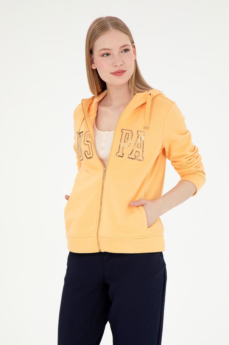 Kadın Turuncu Kapüşonlu Fermuarlı Sweatshirt