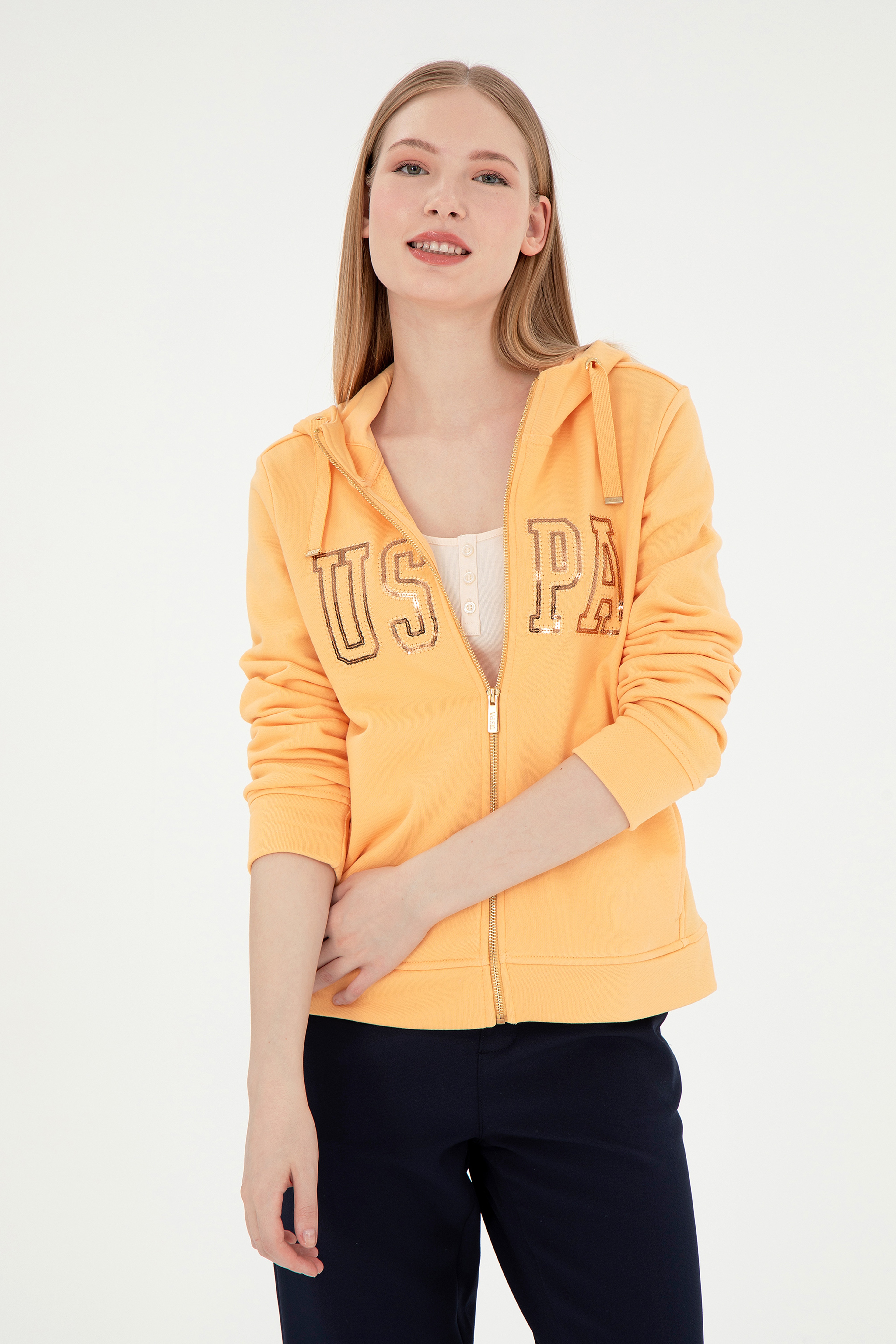 Kadın Turuncu Kapüşonlu Fermuarlı Sweatshirt