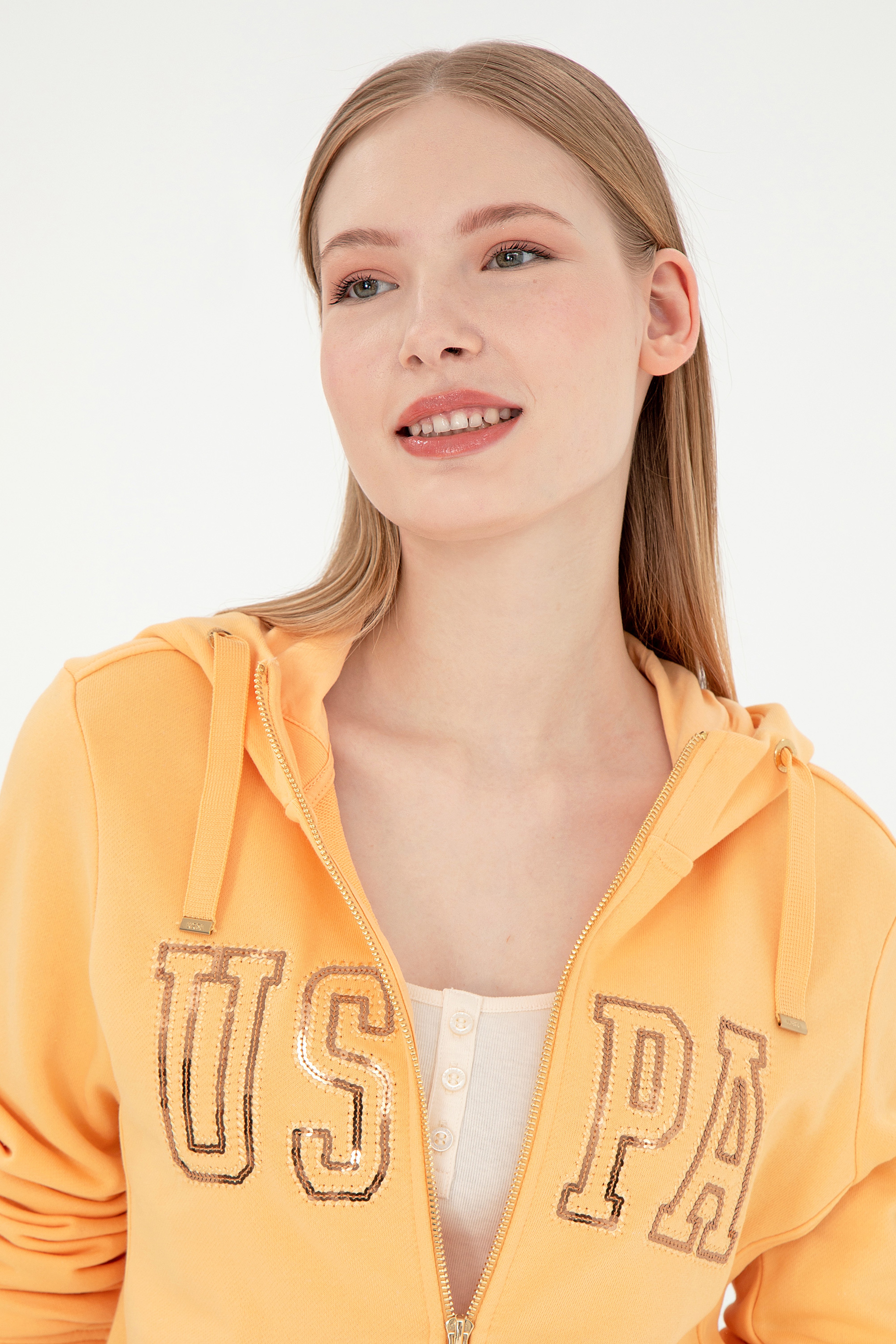 Kadın Turuncu Kapüşonlu Fermuarlı Sweatshirt