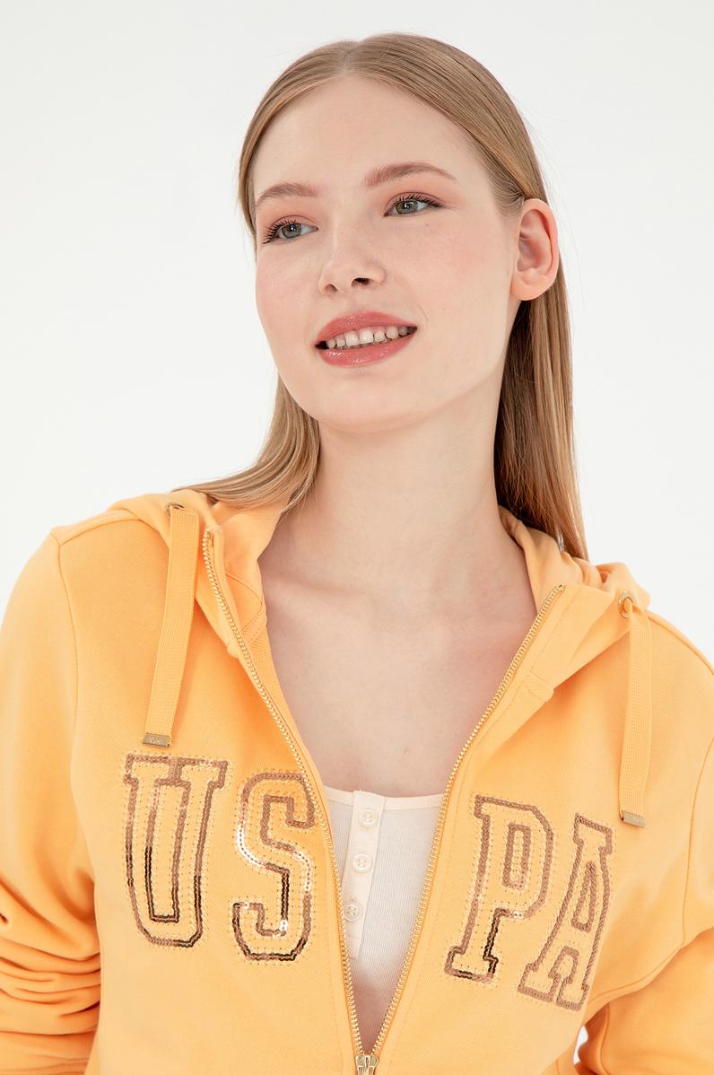 Kadın Turuncu Kapüşonlu Fermuarlı Sweatshirt