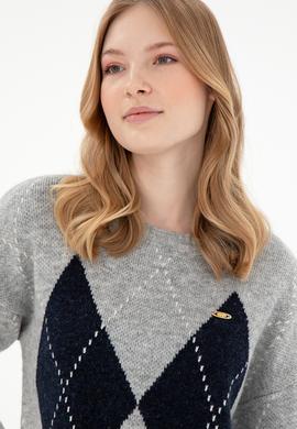 Kadın Gri Melanj Bisiklet Yaka Kazak - 50297113018