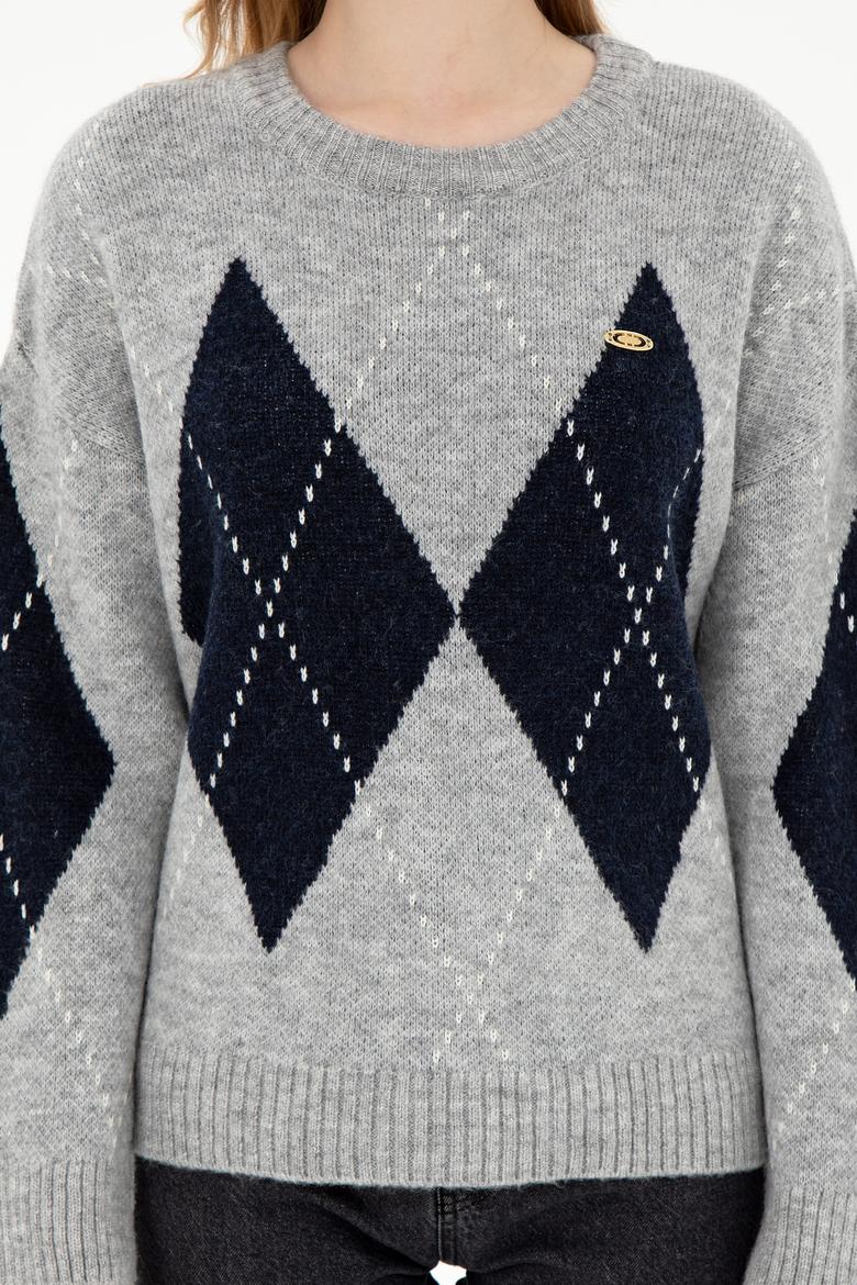 Kadın Gri Melanj Bisiklet Yaka Kazak - 50297113018