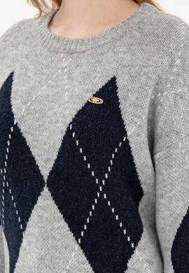 Kadın Gri Melanj Bisiklet Yaka Kazak - 50297113018