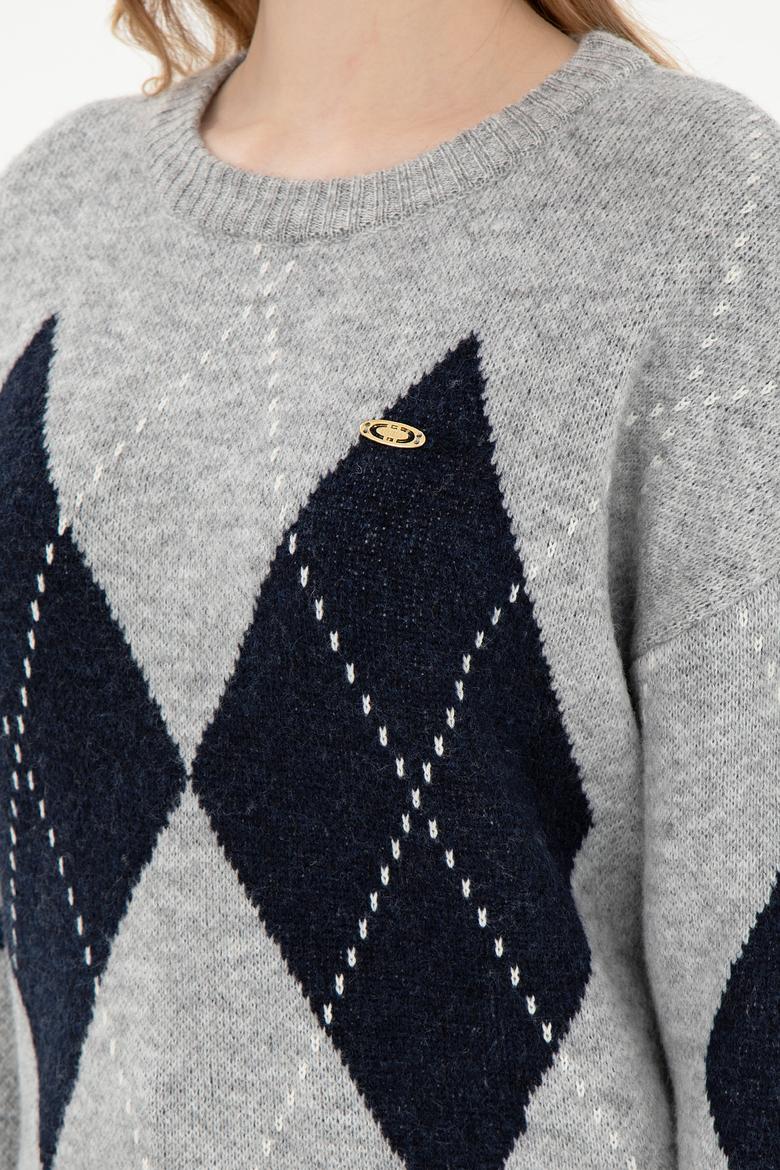 Kadın Gri Melanj Bisiklet Yaka Kazak - 50297113018