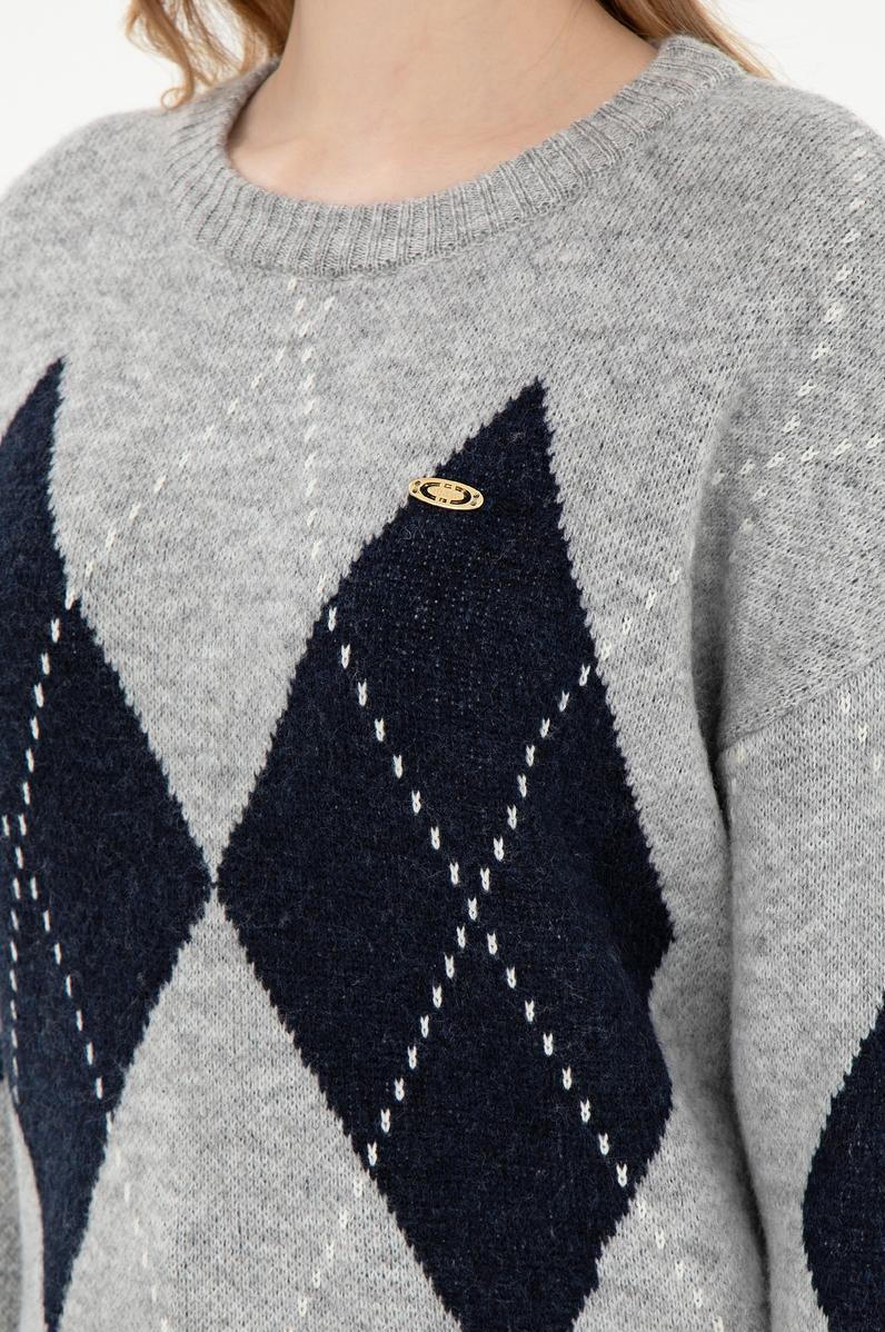 Kadın Gri Melanj Bisiklet Yaka Kazak