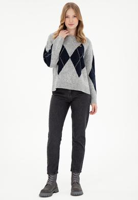 Kadın Gri Melanj Bisiklet Yaka Kazak - 50297113018