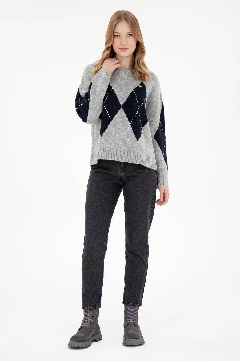 Kadın Gri Melanj Bisiklet Yaka Kazak - 50297113018