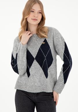 Kadın Gri Melanj Bisiklet Yaka Kazak - 50297113018