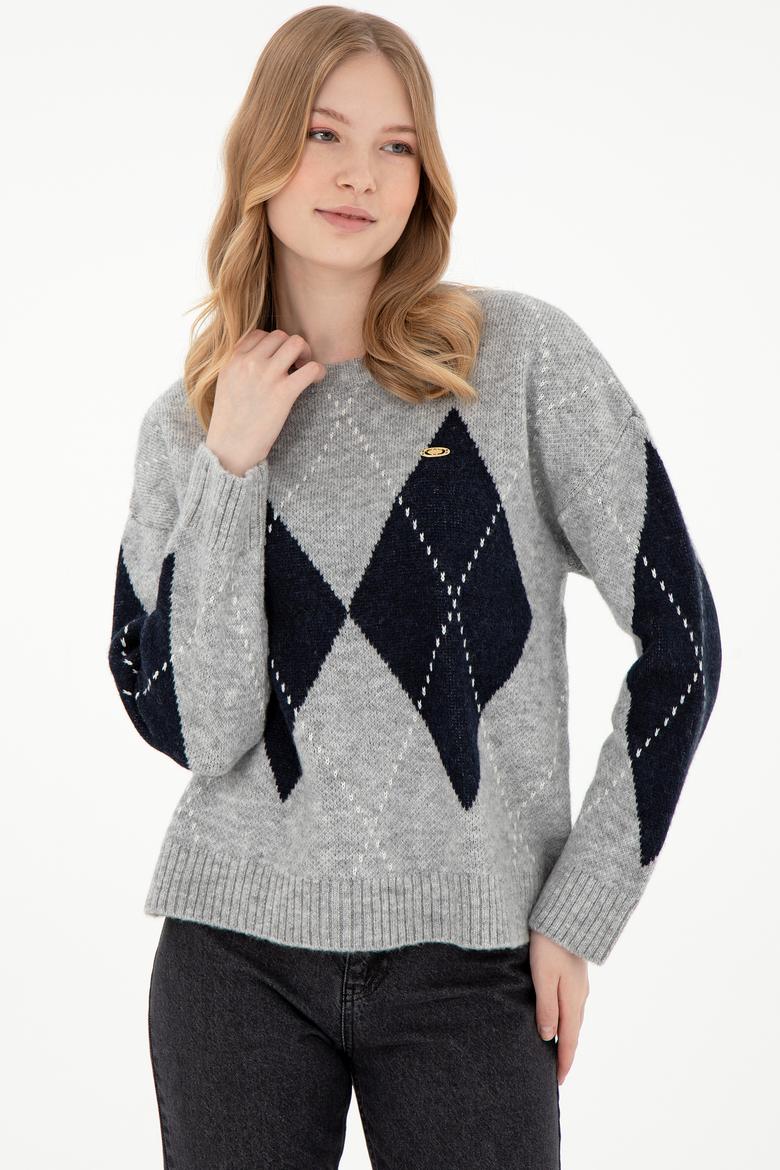 Kadın Gri Melanj Bisiklet Yaka Kazak - 50297113018