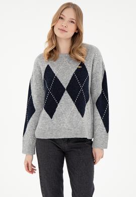 Kadın Gri Melanj Bisiklet Yaka Kazak - 50297113018