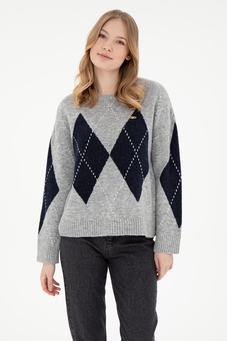 Kadın Gri Melanj Bisiklet Yaka Kazak