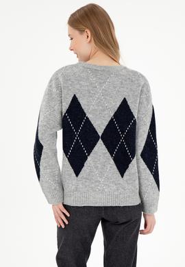 Kadın Gri Melanj Bisiklet Yaka Kazak - 50297113018