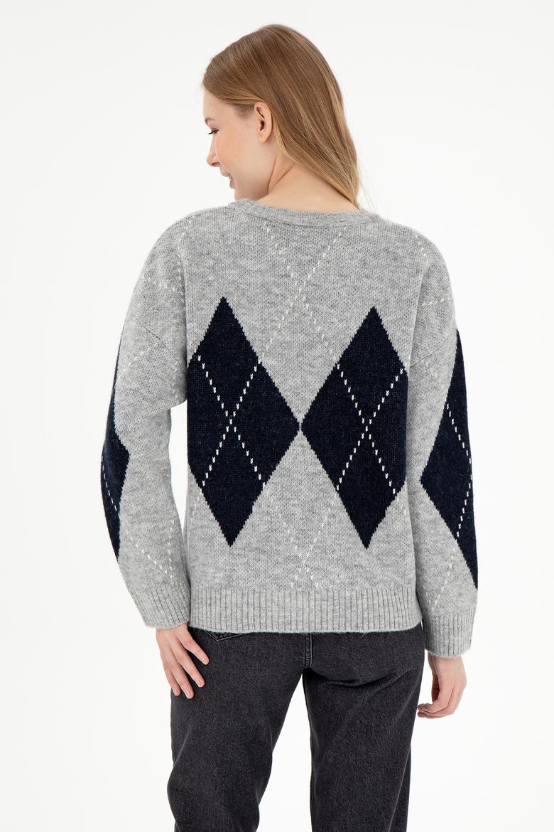 Kadın Gri Melanj Bisiklet Yaka Kazak - 50297113018