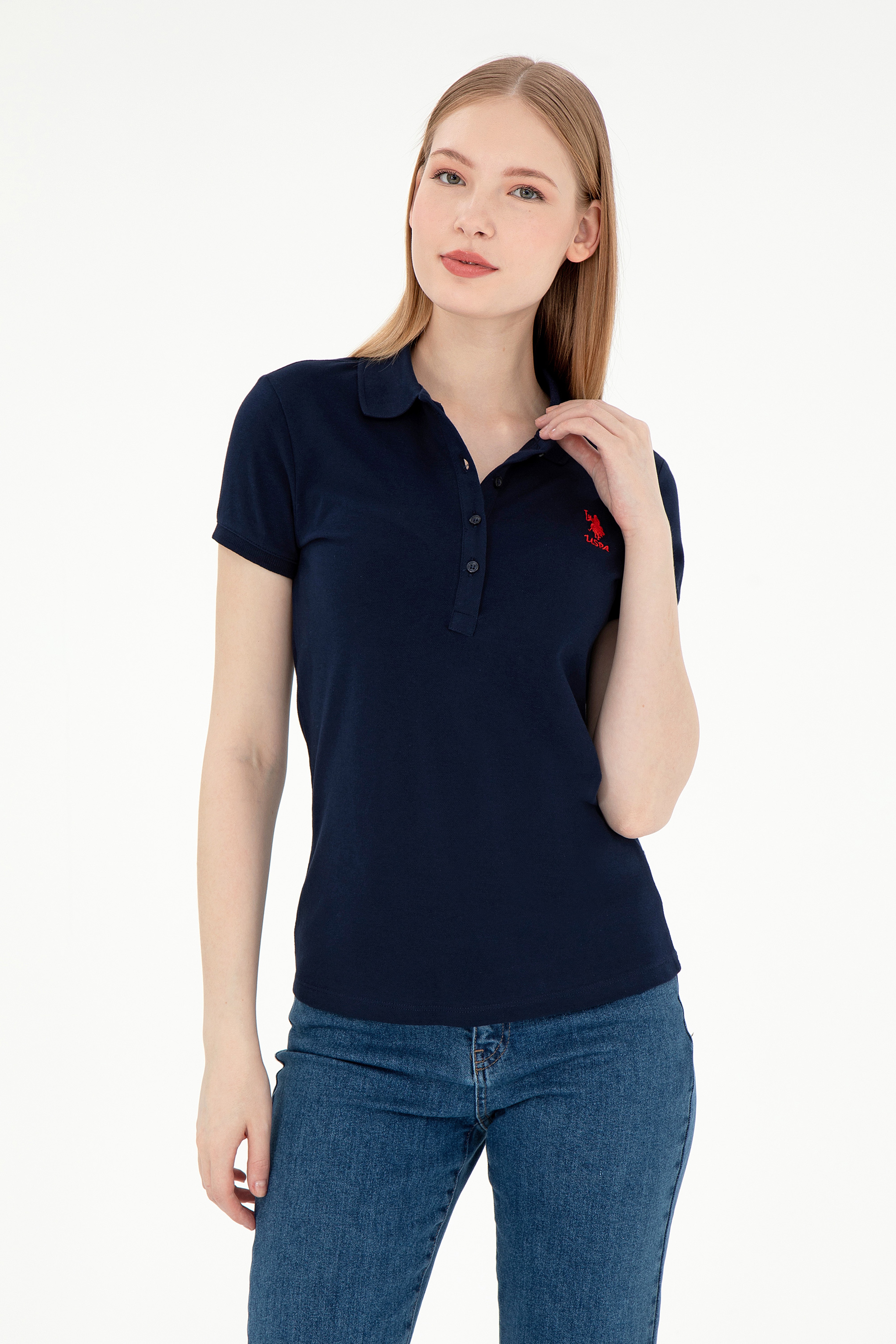 Kadın Lacivert Basic Polo Yaka Tişört - Image 1
