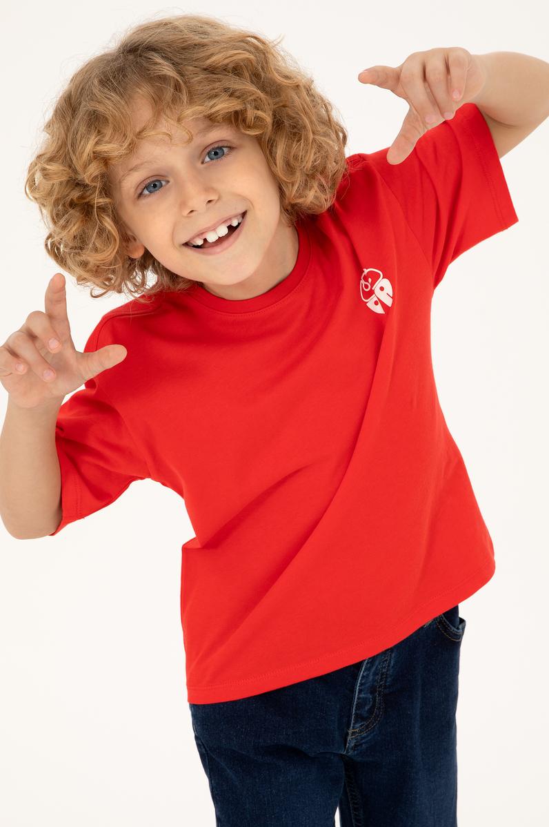 Erkek Çocuk Kırmızı Comfort Basic Bisiklet Yaka Tişört