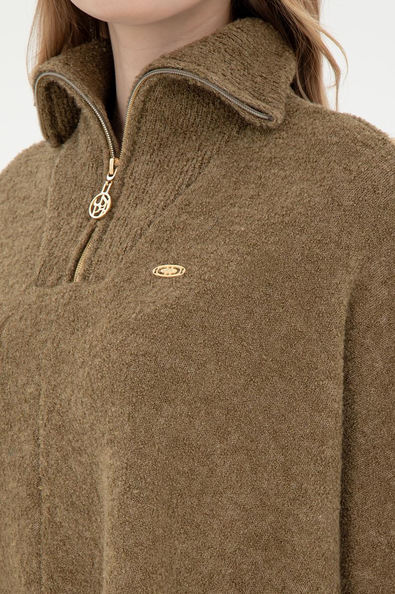 Kadın Haki Fermuarlı Triko Panço