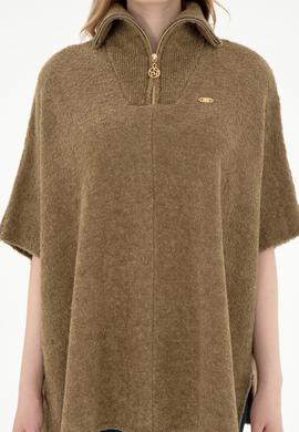 Kadın Haki Fermuarlı Triko Panço - 50293175001