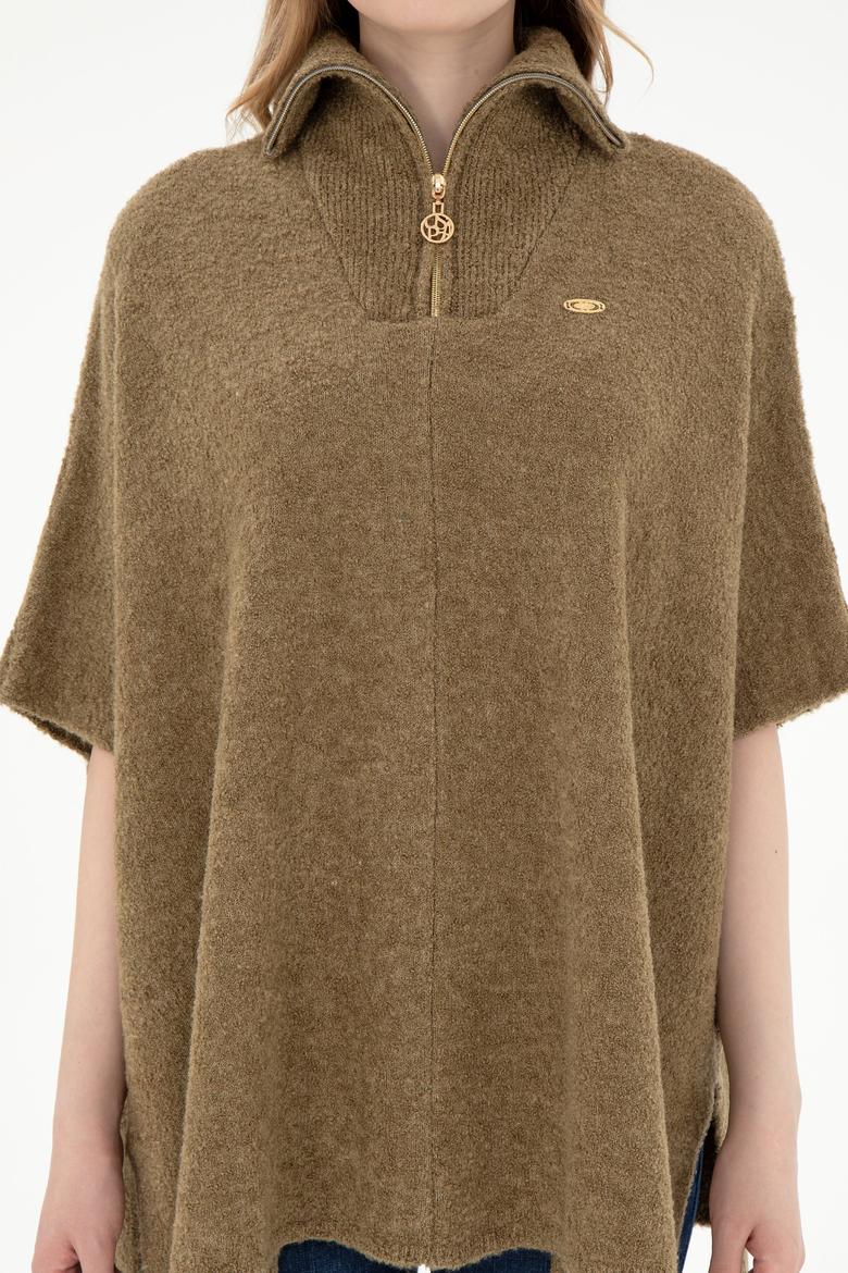 Kadın Haki Fermuarlı Triko Panço - 50293175001