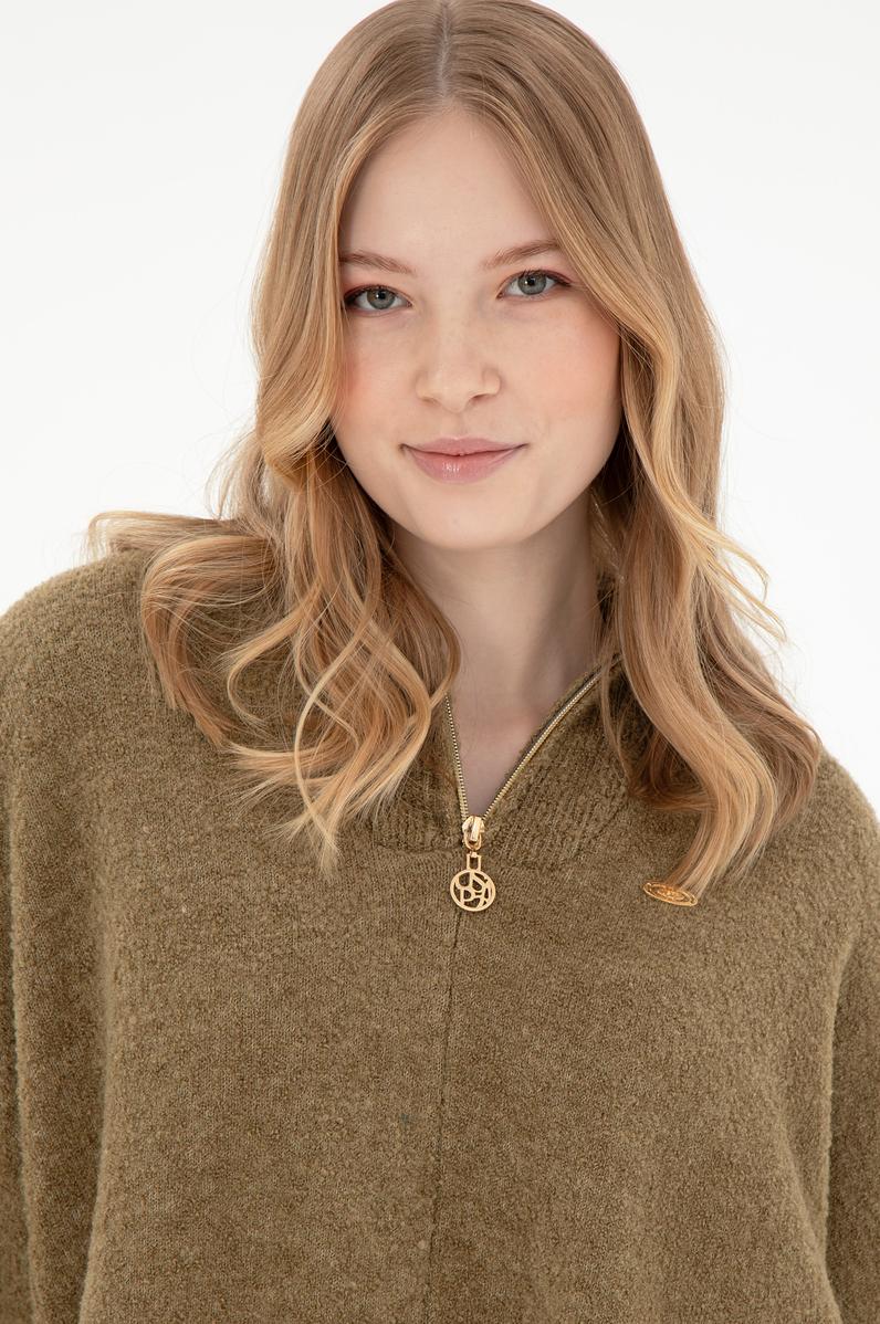 Kadın Haki Fermuarlı Triko Panço