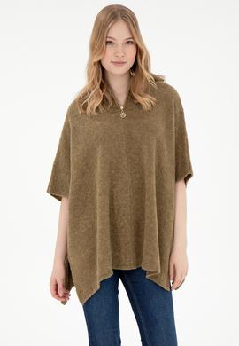 Kadın Haki Fermuarlı Triko Panço - 50293175001