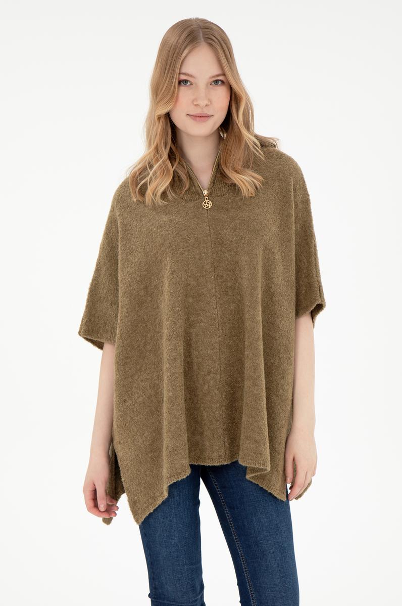 Kadın Haki Fermuarlı Triko Panço