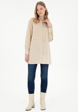 Kadın Kum Uzun Kollu Keten Karışımlı Tunik Gömlek - 50290025002