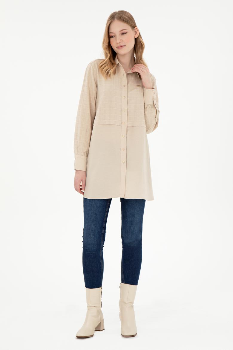Kadın Kum Uzun Kollu Keten Karışımlı Tunik Gömlek - 50290025002
