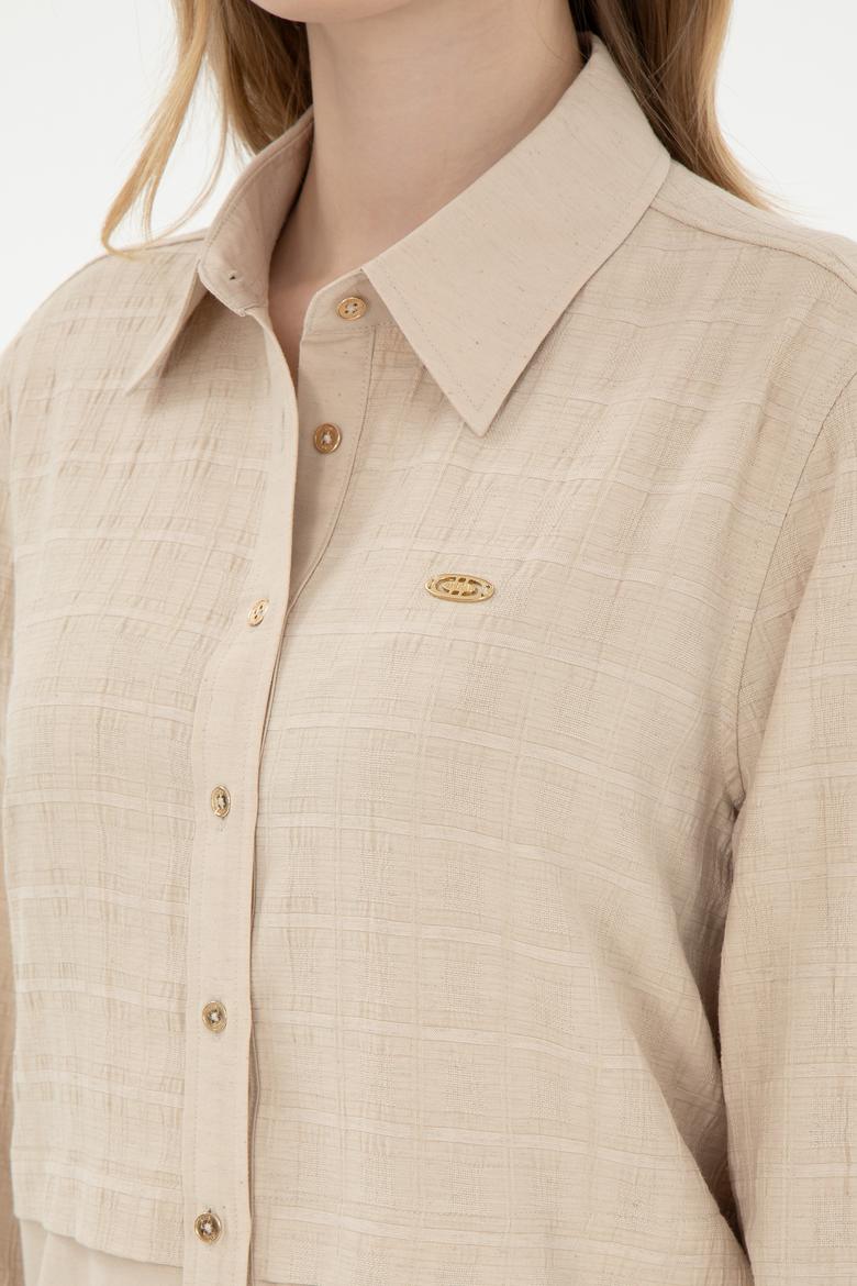 Kadın Kum Uzun Kollu Keten Karışımlı Tunik Gömlek - 50290025002