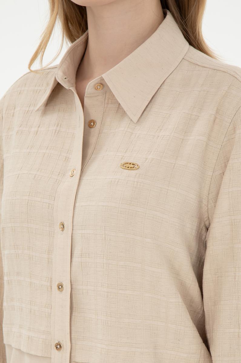 Kadın Kum Uzun Kollu Keten Karışımlı Tunik Gömlek