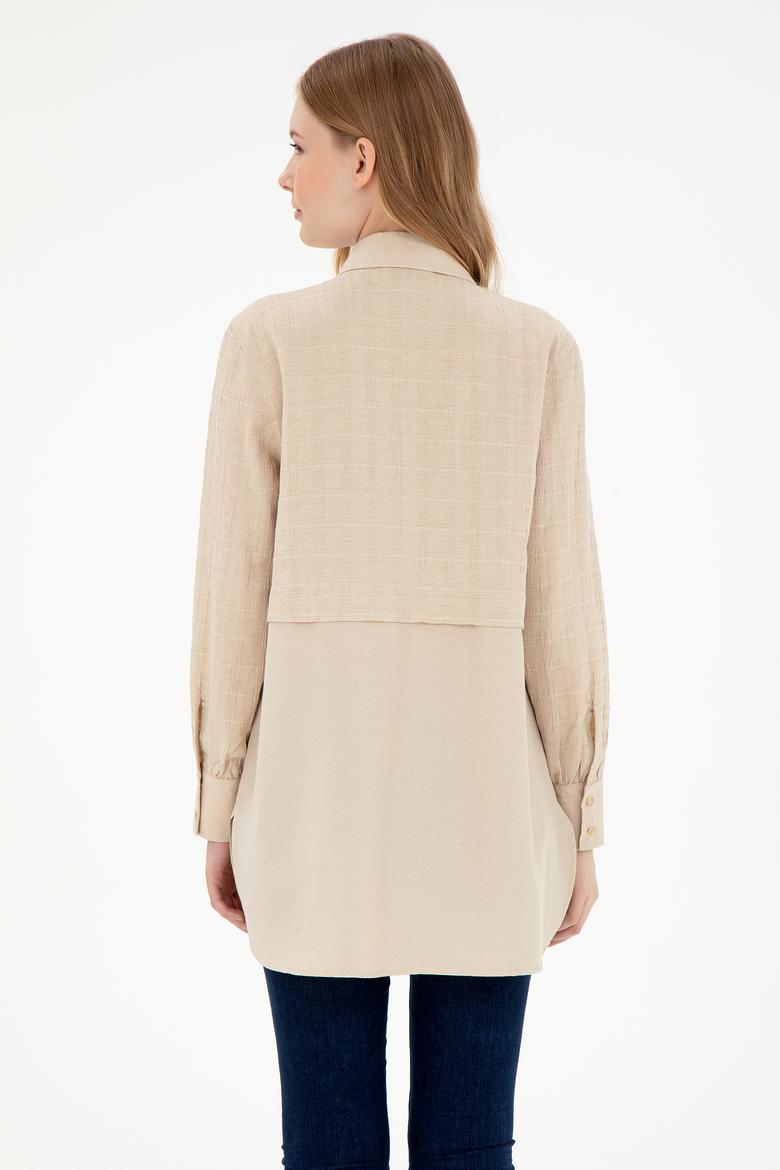 Kadın Kum Uzun Kollu Keten Karışımlı Tunik Gömlek - 50290025002