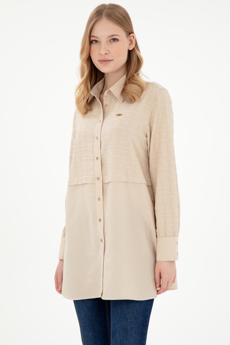 Kadın Kum Uzun Kollu Keten Karışımlı Tunik Gömlek - 50290025002