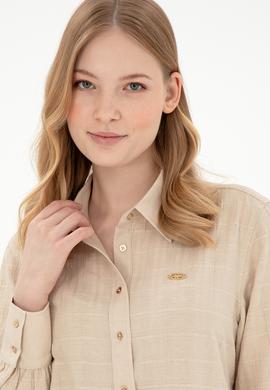 Kadın Kum Uzun Kollu Keten Karışımlı Tunik Gömlek - 50290025002