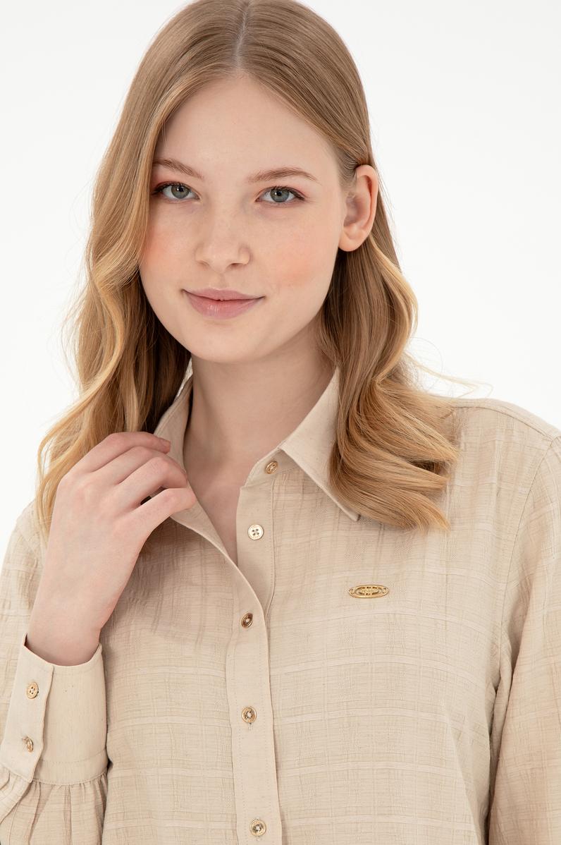 Kadın Kum Uzun Kollu Keten Karışımlı Tunik Gömlek