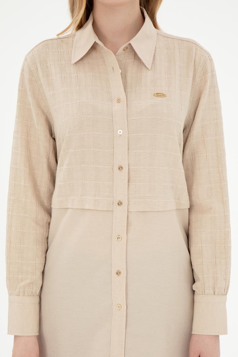 Kadın Kum Uzun Kollu Keten Karışımlı Tunik Gömlek - 50290025002