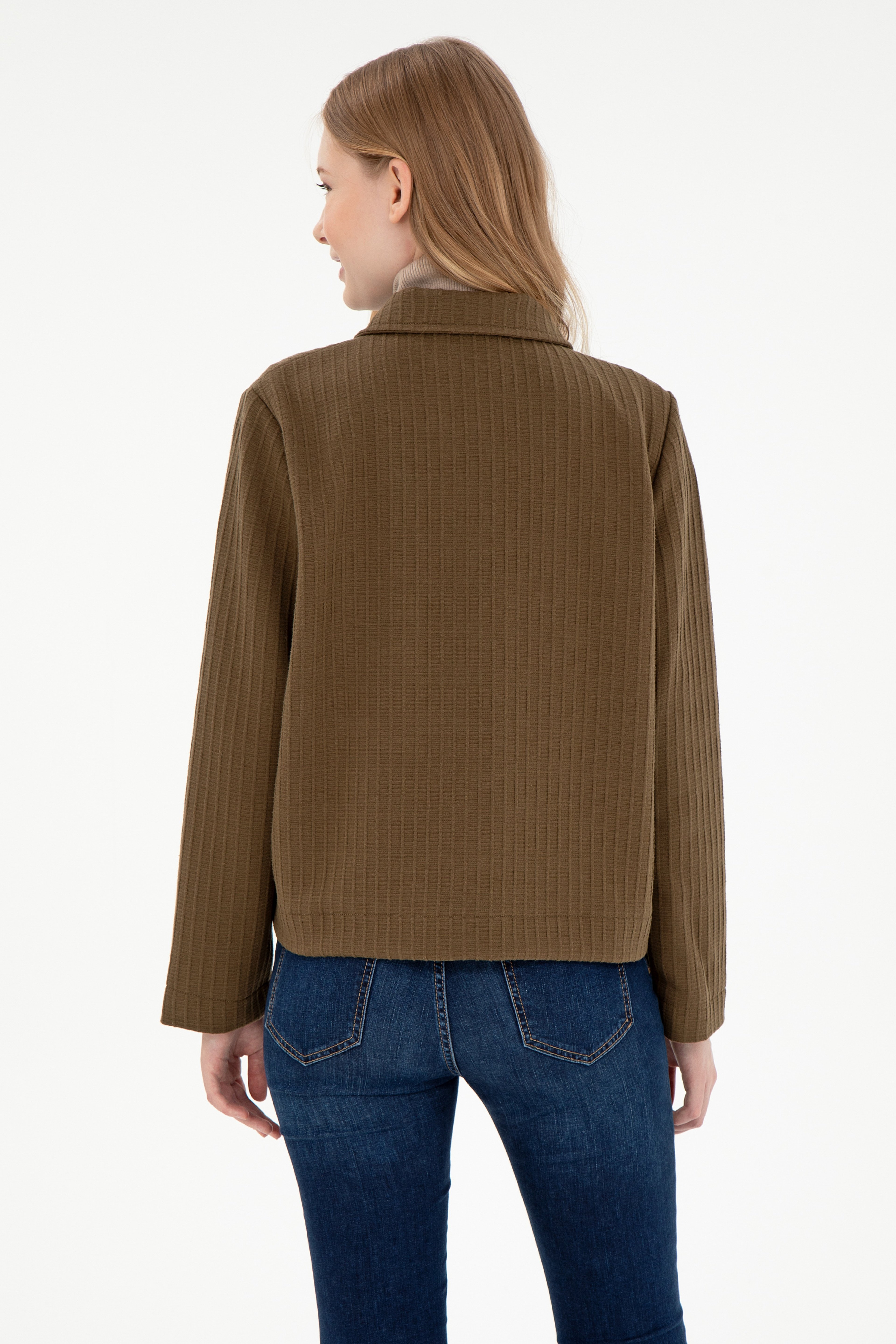 Kadın Haki Fermuarlı Polo Yaka Sweatshirt