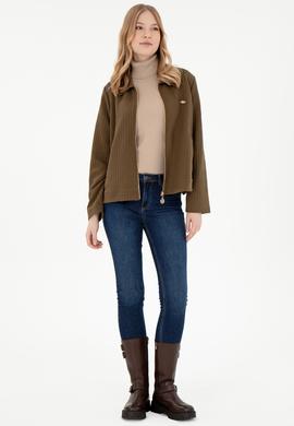 Kadın Haki Fermuarlı Polo Yaka Sweatshirt - 50295811004