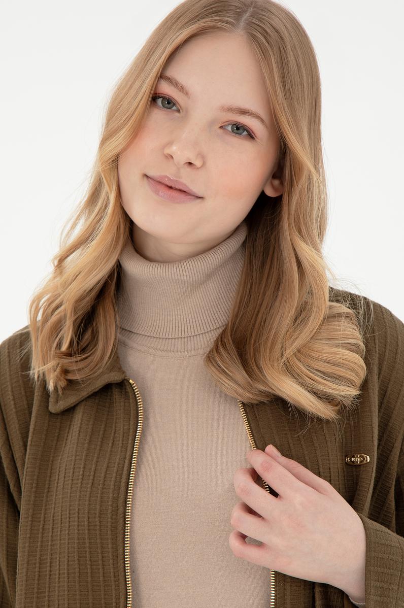 Kadın Haki Fermuarlı Polo Yaka Sweatshirt