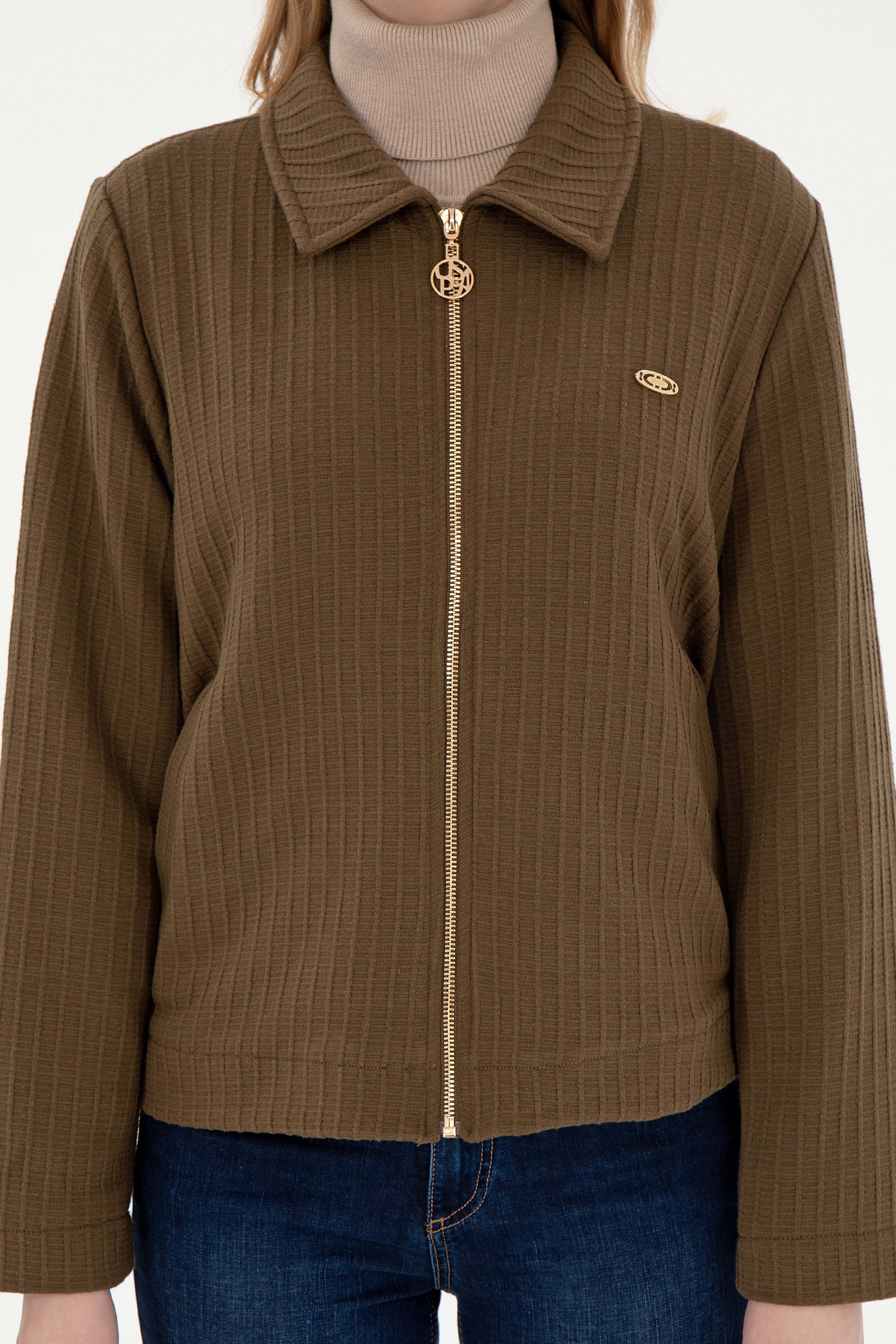 Kadın Haki Fermuarlı Polo Yaka Sweatshirt - Image 6