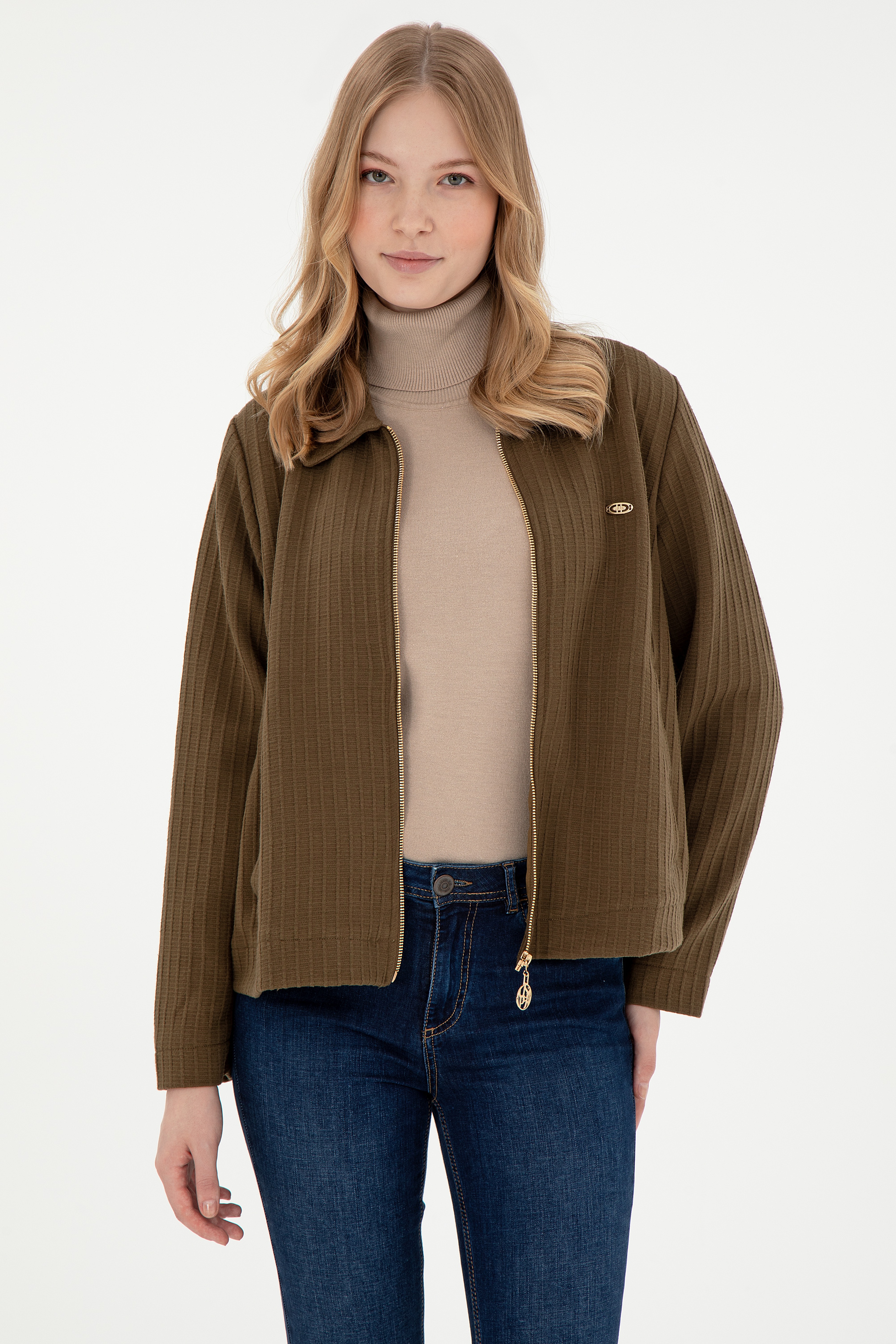 Kadın Haki Fermuarlı Polo Yaka Sweatshirt - Image 3